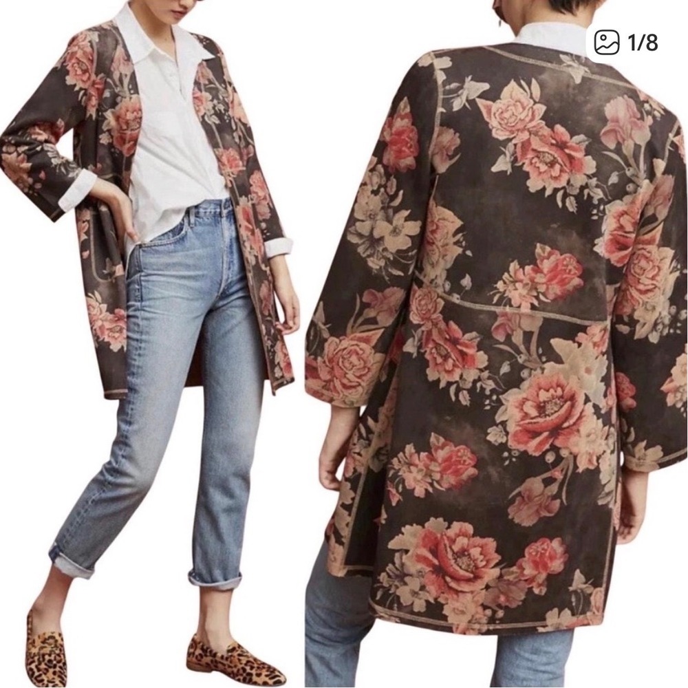Solitaire Womens XL Floral Open‎ Front Faux Suede Cardigan Jacket Black Red